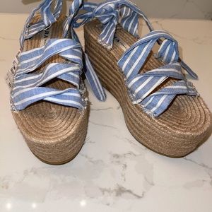 Zara Platform Wedges with blue and white linen straps- NEW WITH TAGS